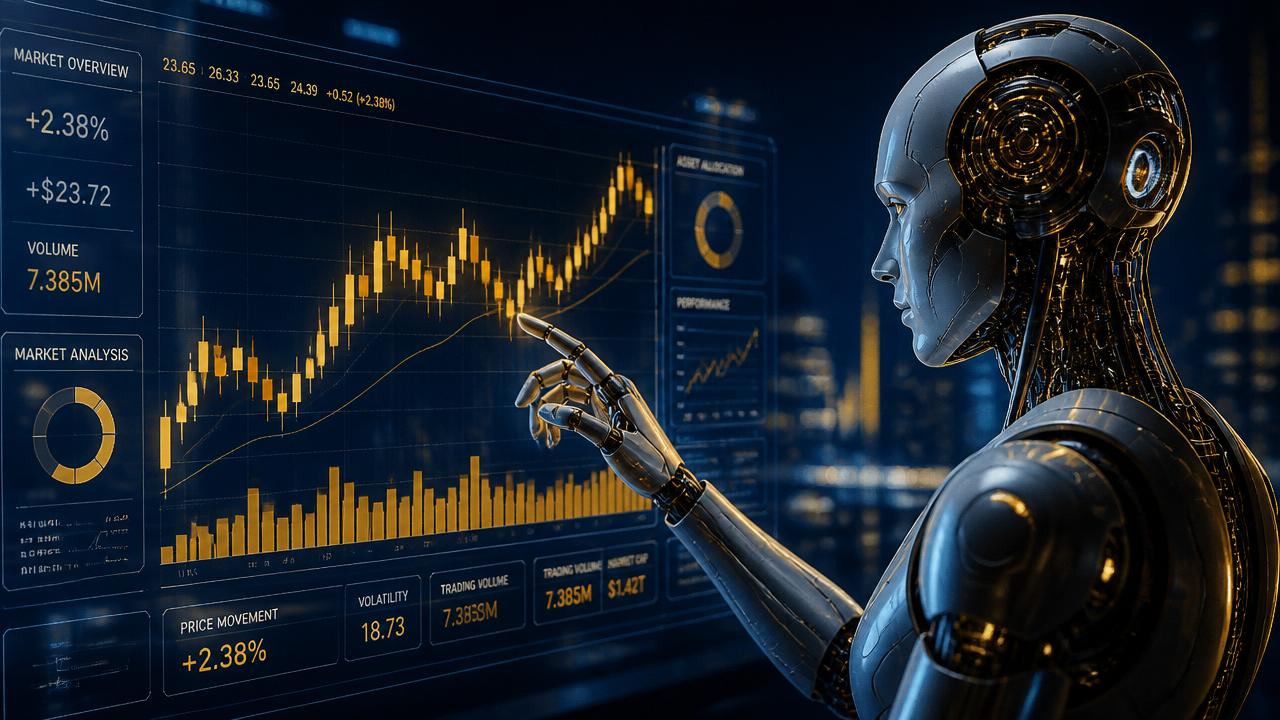 An AI system analysing financial market charts on holographic displays